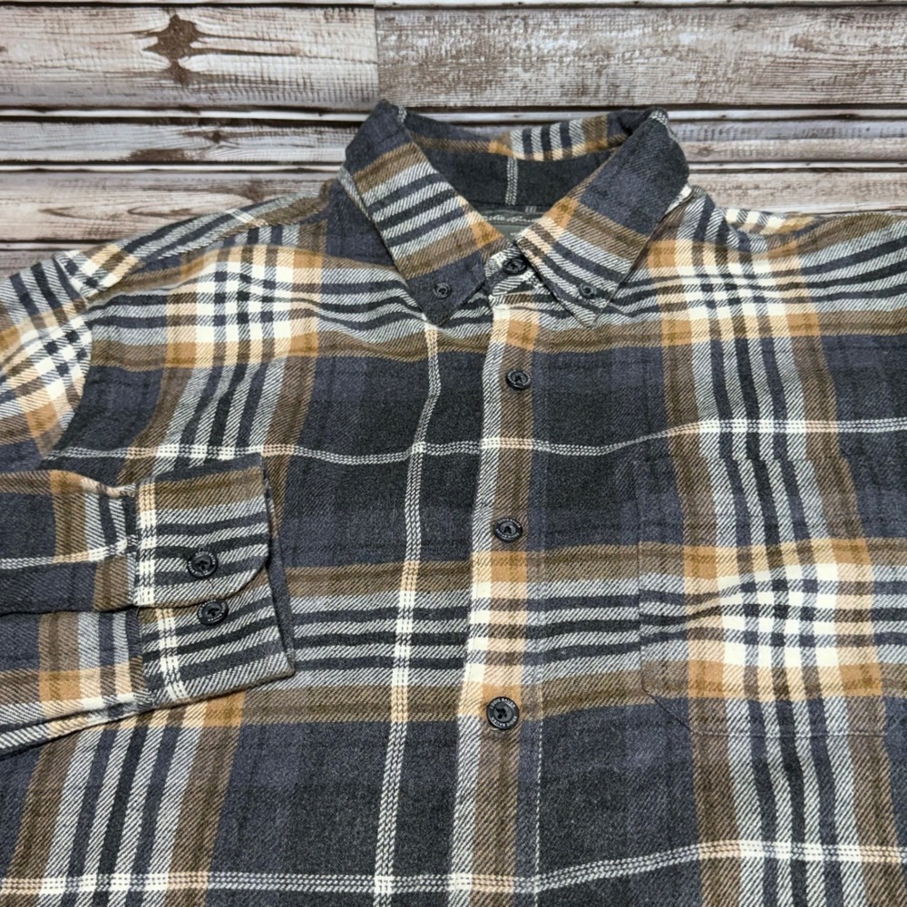 Eddie Bauer Flannel Shirt Large Brown Plaid Long Sleeve Button Up